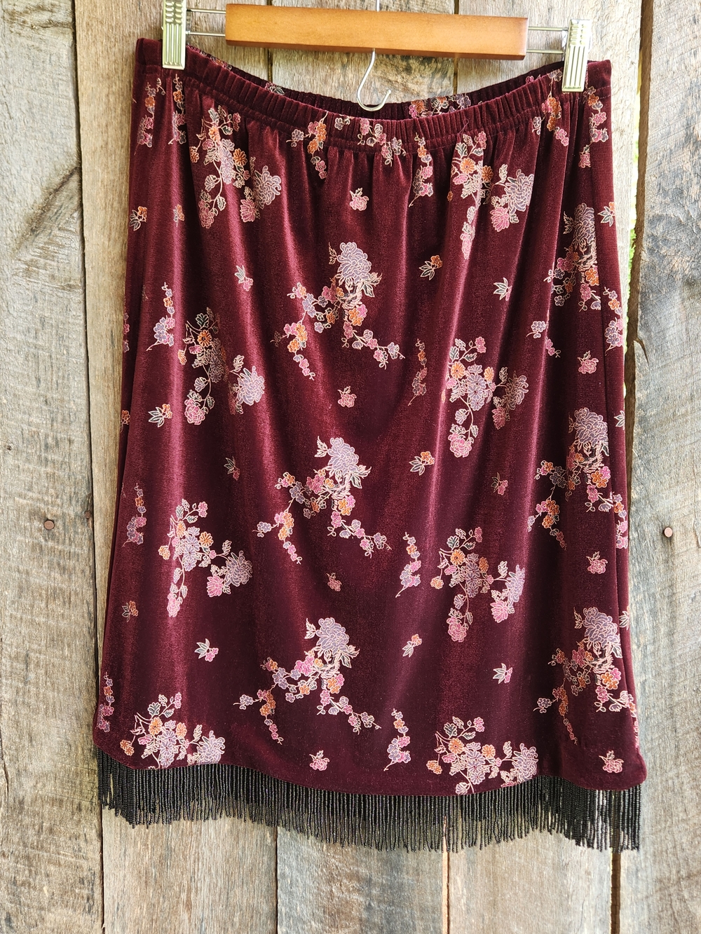 Vintage Clio Burgundy Velvet Skirt Pink Floral Embroidery Black Beaded Fringe Md